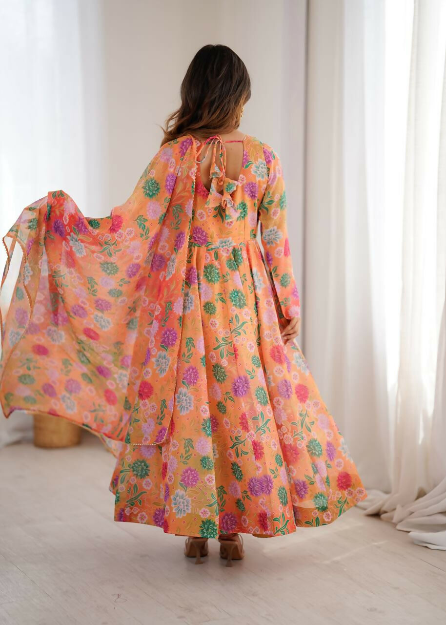 Teeya Creation Orange Soft Organza Digital Printed Party Wear Long Gown