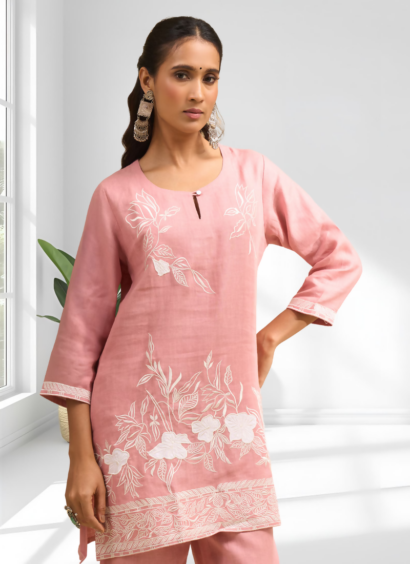 Joban Fashion Pink Linen Embroidered Readymade Cord Set
