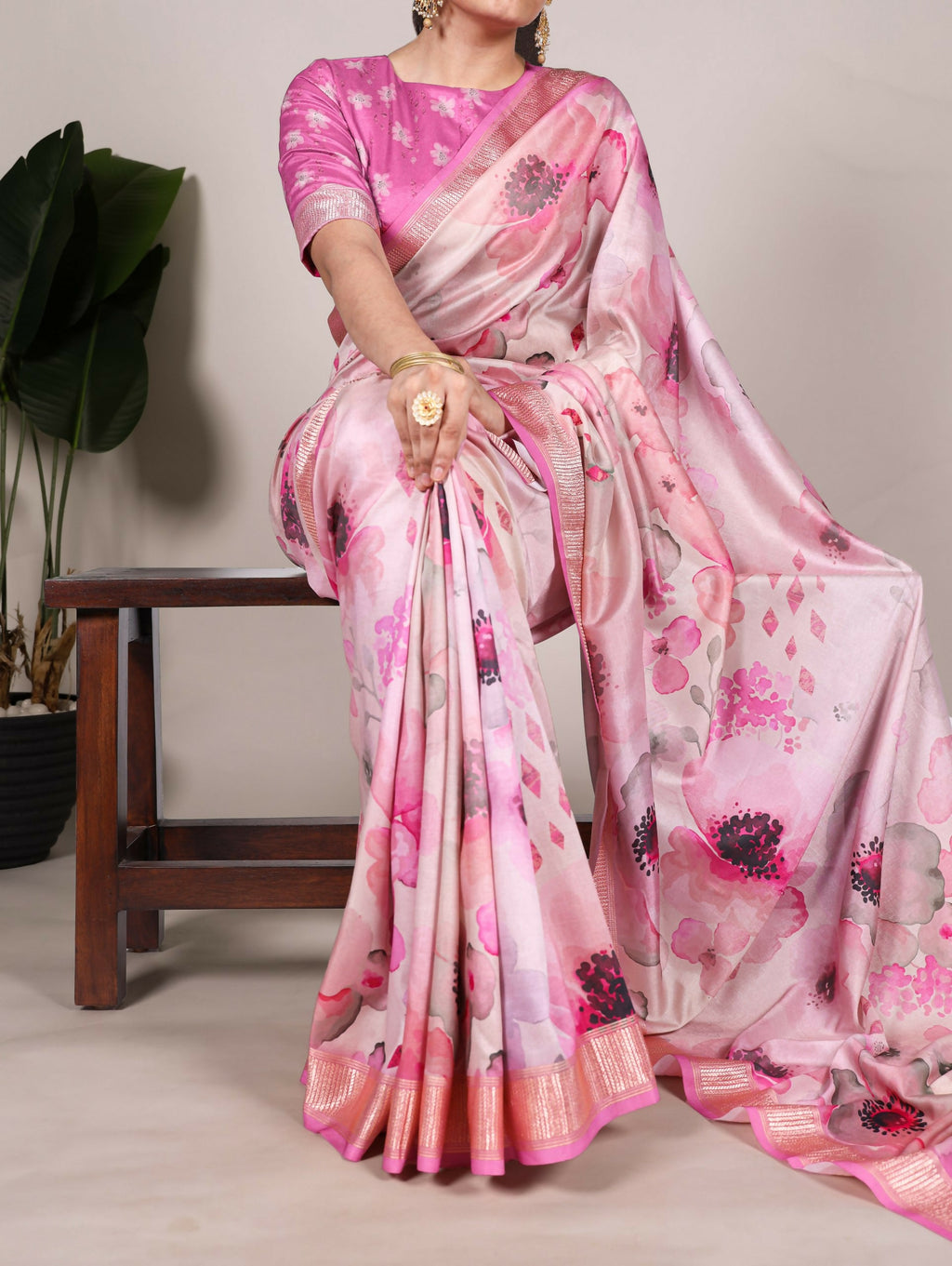 Vastranavya Pink Tussar Silk Printed with Viscose Border Saree with Unstitched Blouse