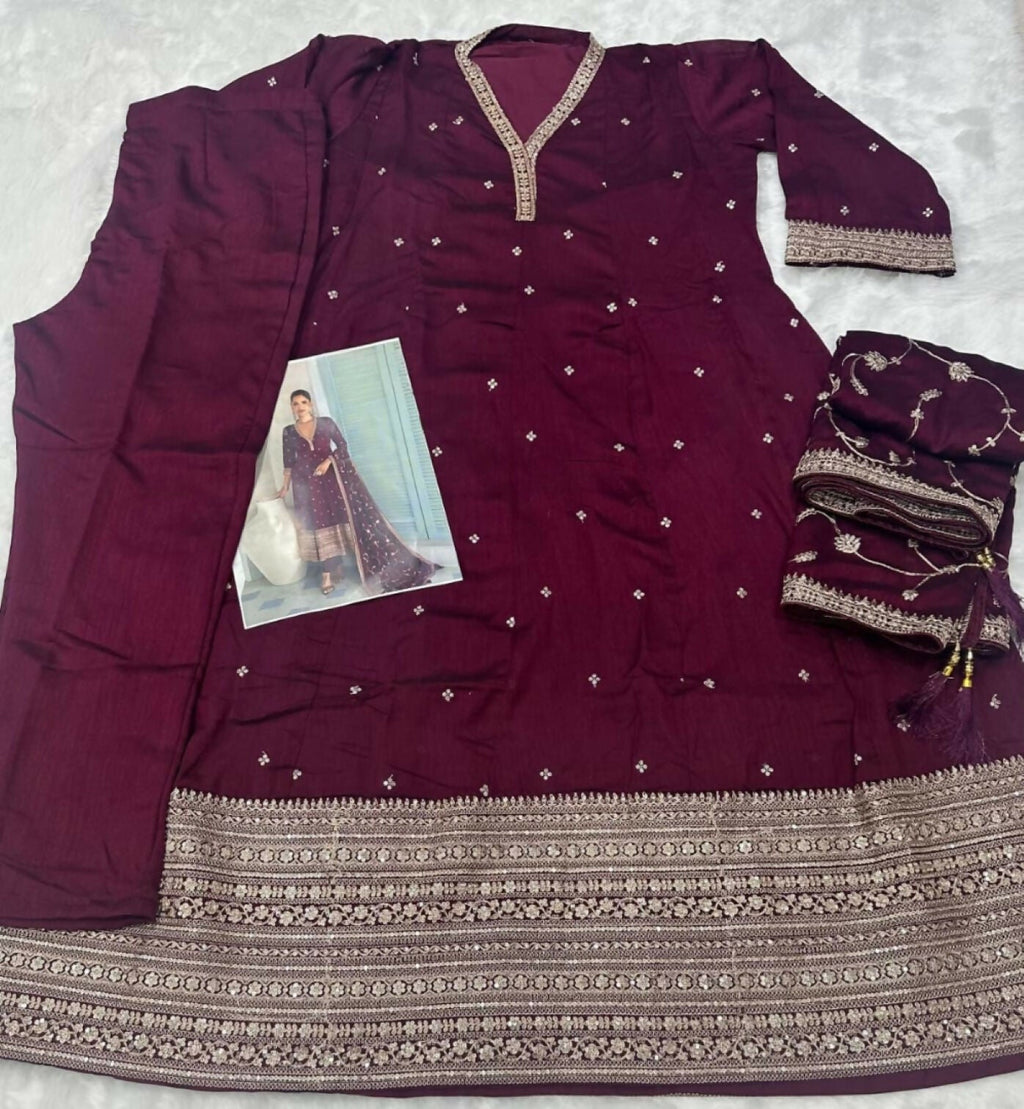 Anaita Maroon Chinon Anarkali Suit with Embroidery Sequins Work
