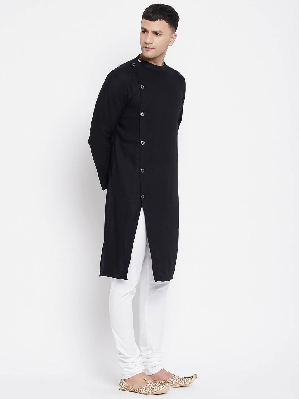 Even Apparels Black Pure Cotton Men's Sherwani Kurta With Asymetrical Cut