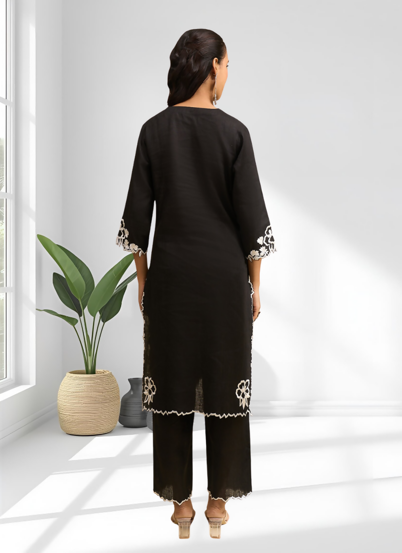 Joban Fashion Black Linen Embroidered Readymade Long Kurta With Pant