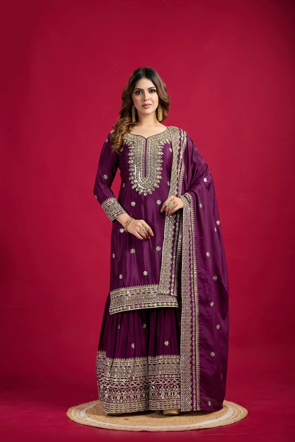 Joban Fashion Violet Kurta Set Silk Sequins , Zari, Coding & Thread Embroidered work