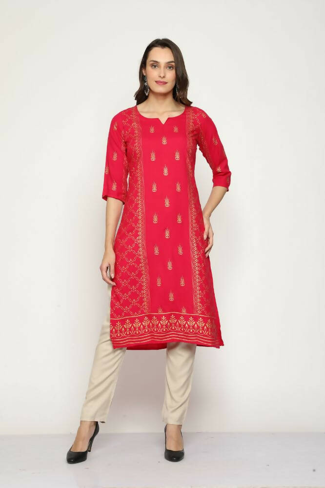 Maai Rayon Hand Printed Kurta Red
