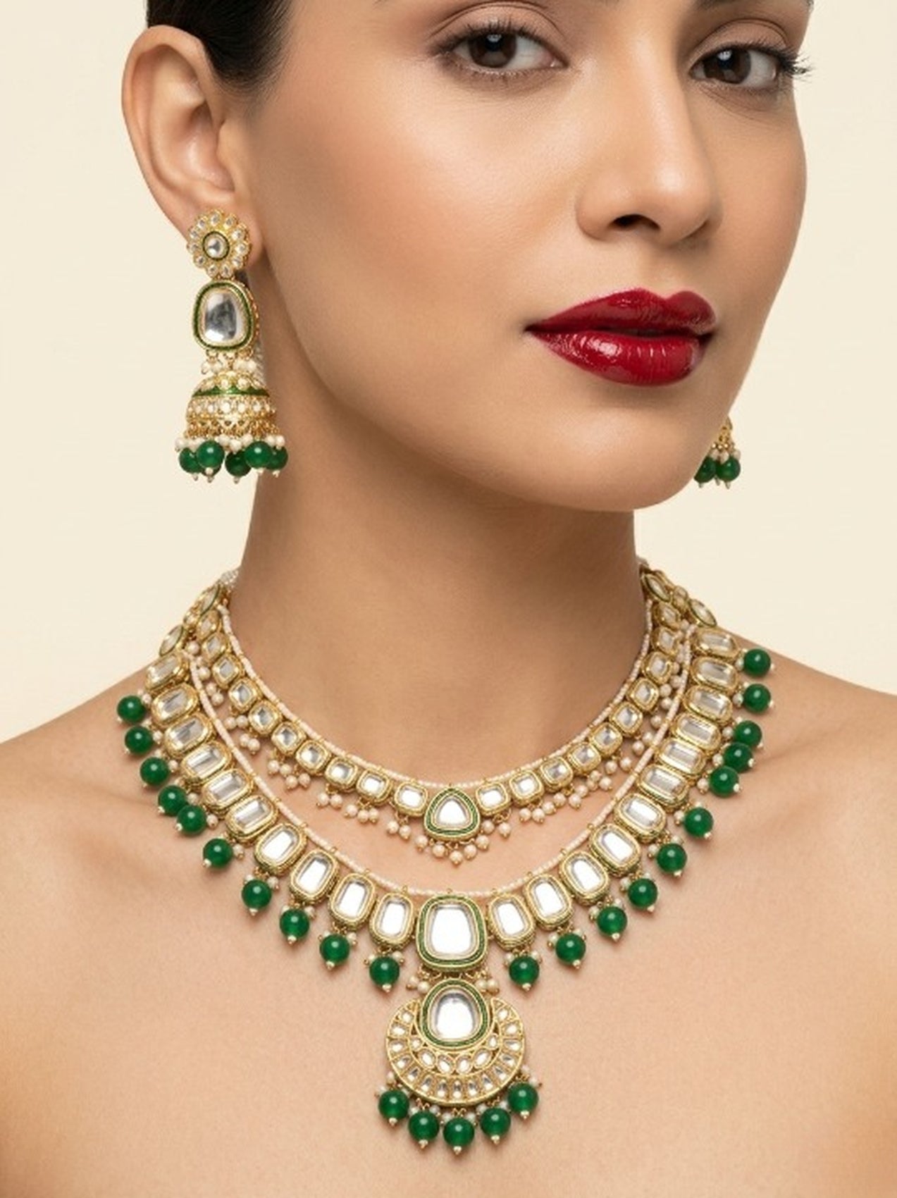 Jewel City Grand Kundan & Emerald Green Bead Necklace Set with Jhumka Earrings & Maang Tikka