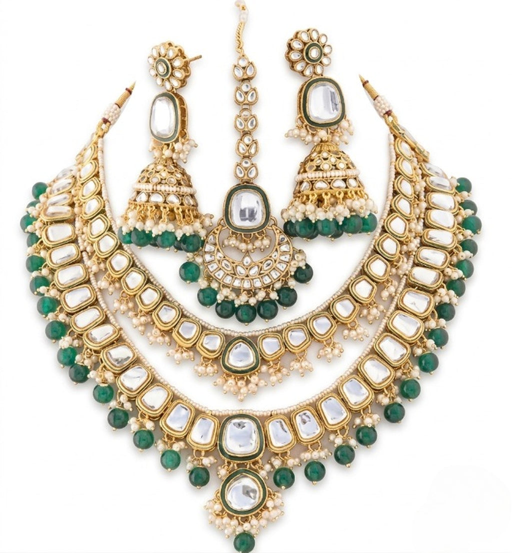 Jewel City Grand Kundan & Emerald Green Bead Necklace Set with Jhumka Earrings & Maang Tikka