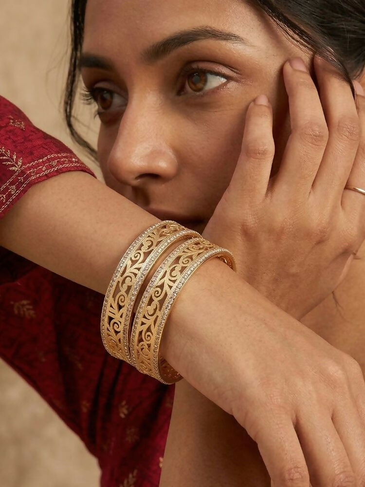 NVR Women Set of 2 Gold Plated CZ Stone Kada Bangle