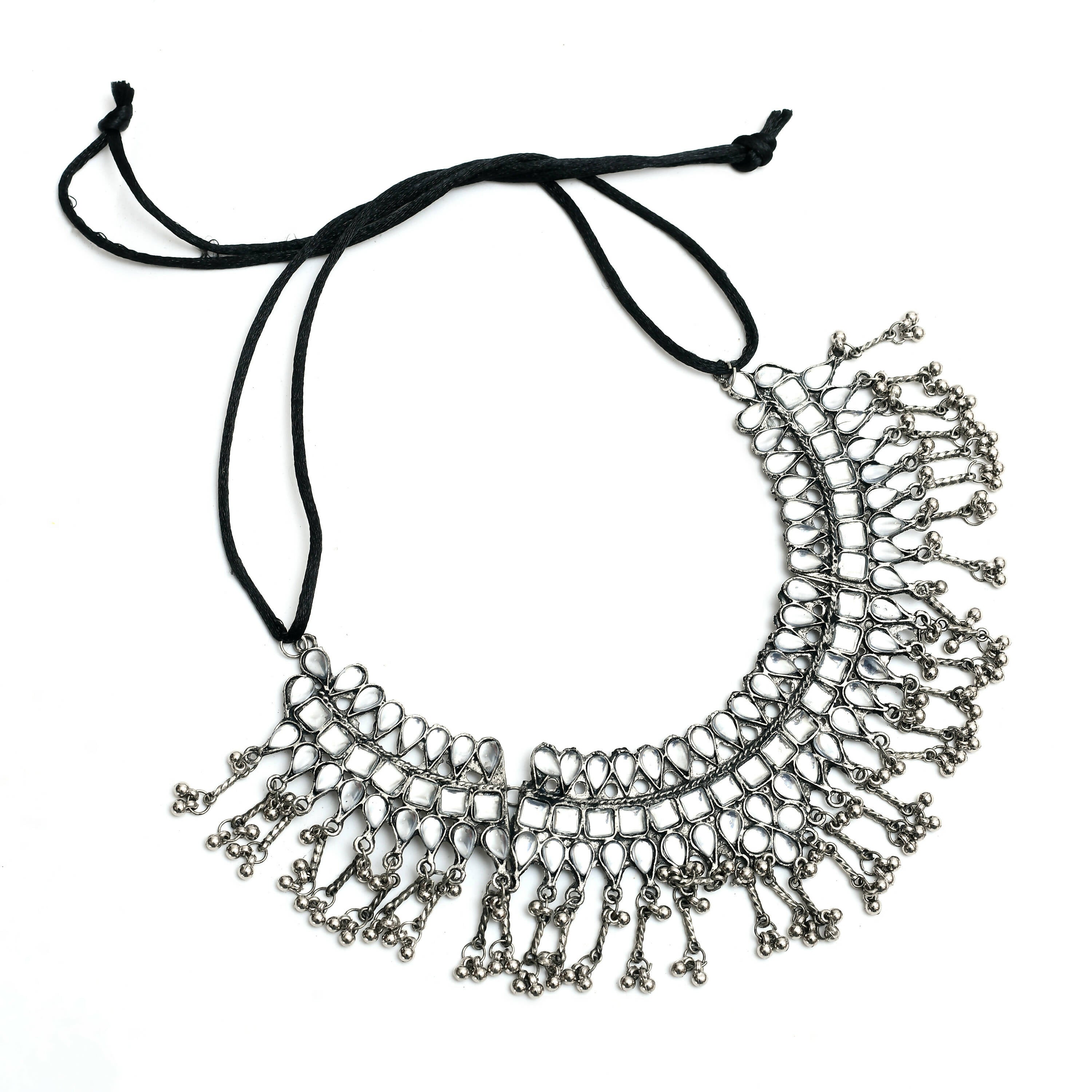 Mominos Fashion Johar Kamal Oxidised Silver-Plated Brass Finish Kundan Necklace For Women (Silver)