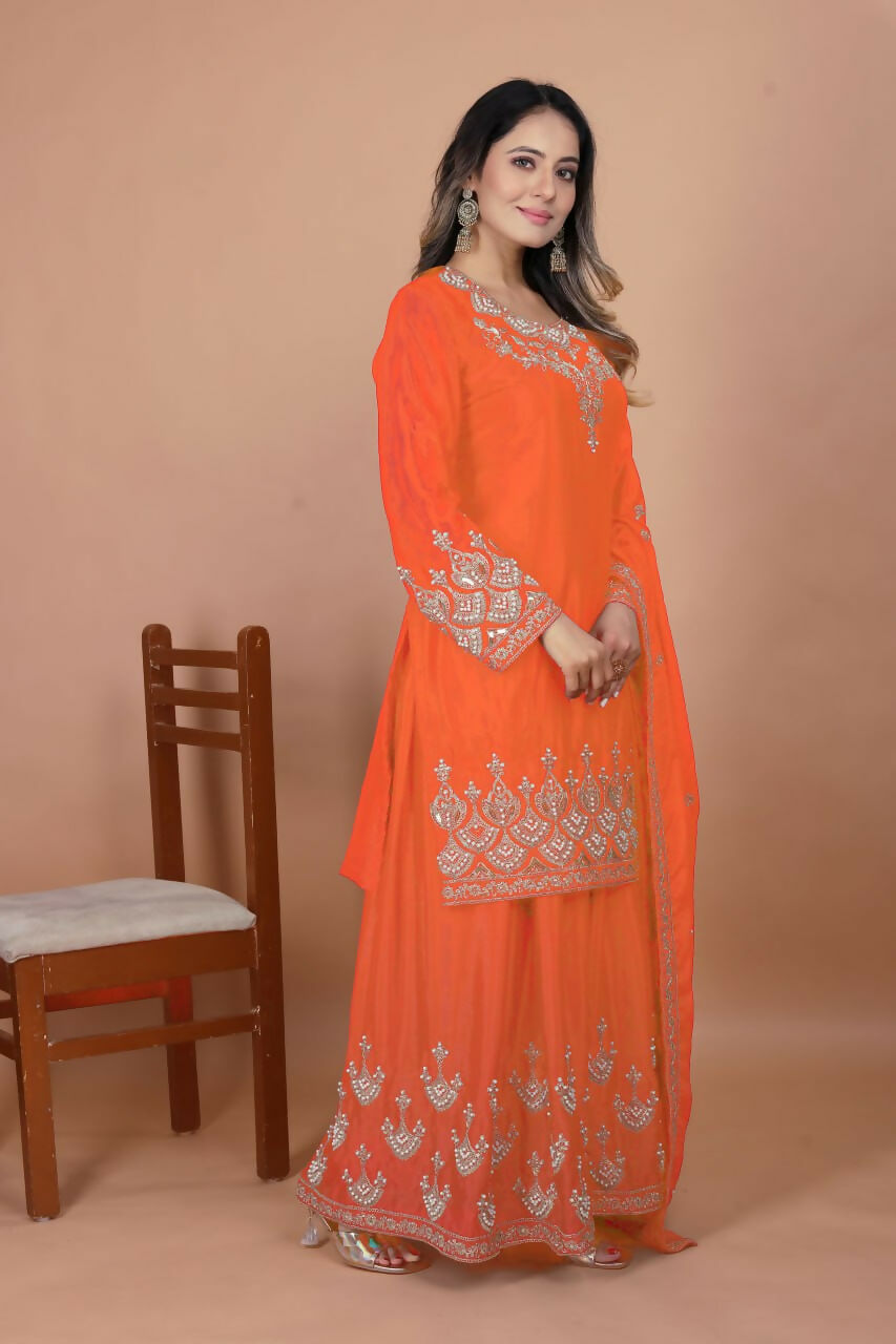 Teeya Creation Orange Chinon Embroidery Work Party Wear Palazzo Suit