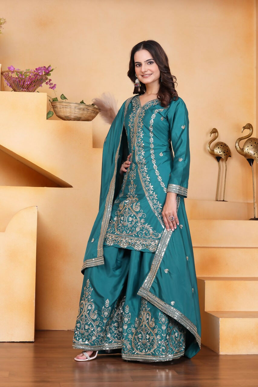 Joban Fashion Teal Crepe Embroidered Sharara Set