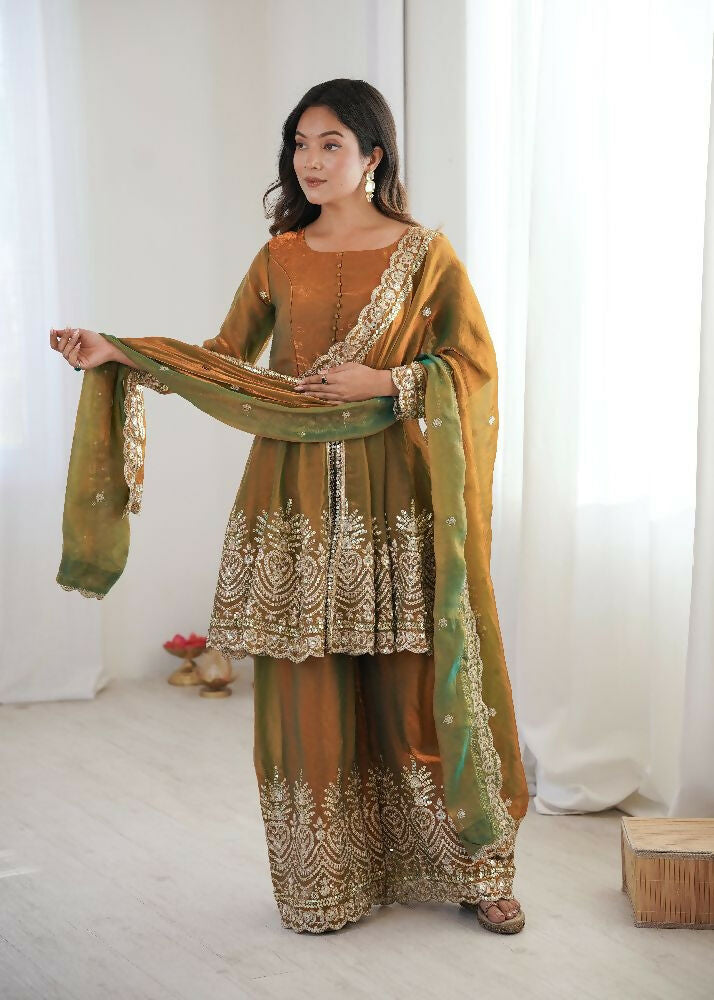 Teeya Creation Olive Color Fendy Satin Silk Embroidery Work Party Wear Salwar Suit
