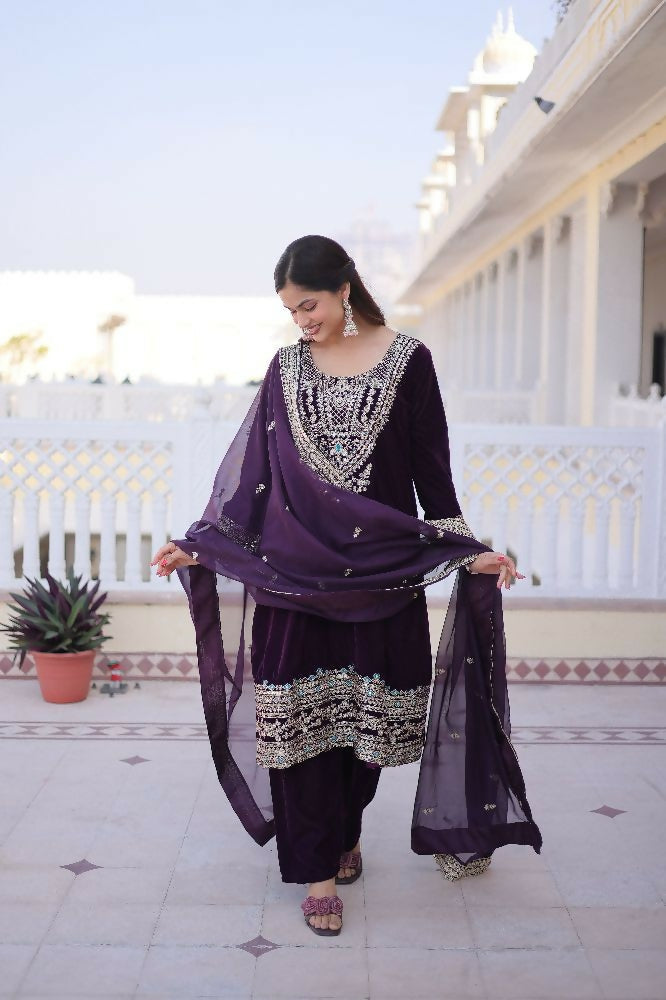 Joban Fashion Wine Kurta Set Velvet Sequins , Zari, Coding & Thread Embroidered work