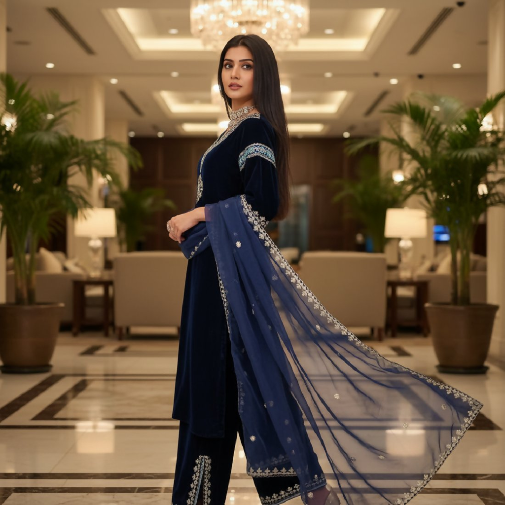 Joban Fashion Blue Kurta Set Velvet Embroidery Sequence Work