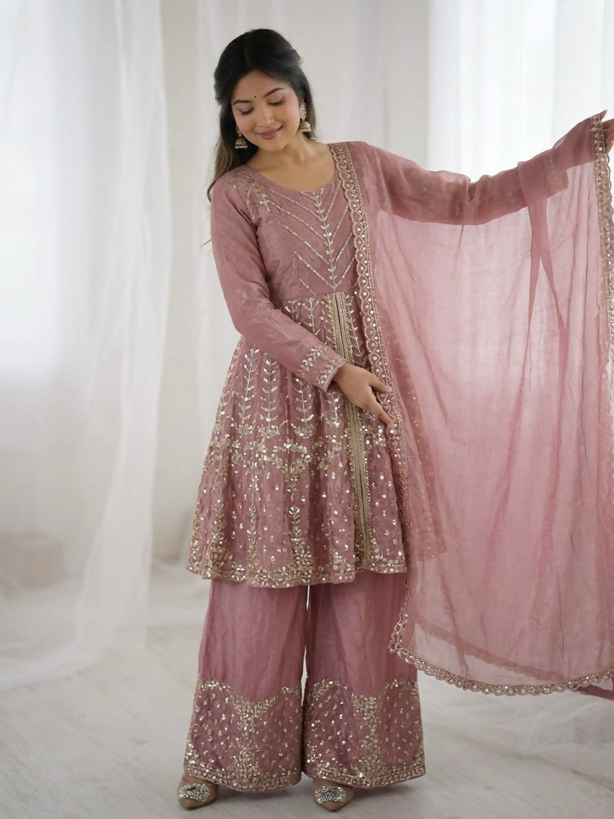 Teeya Creation New Womens Trendy Embroidery Sequence Work Pink Kurta Set