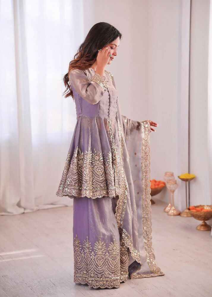 Teeya Creation Lavender Color Fendy Satin Silk Embroidery Work Party Wear Salwar Suit