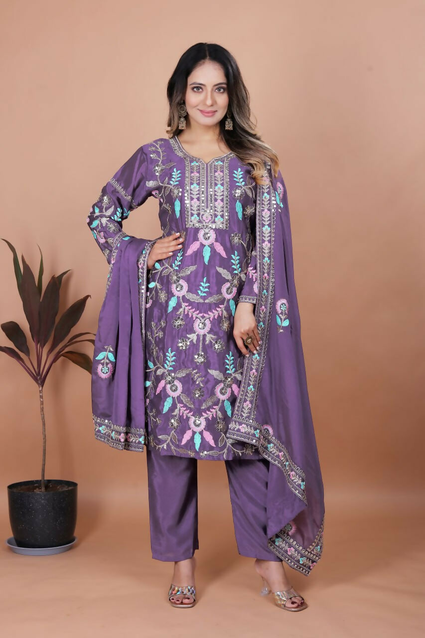 Teeya Creation Lavender Chinon Embroidery Work Party Wear Salwar Suit