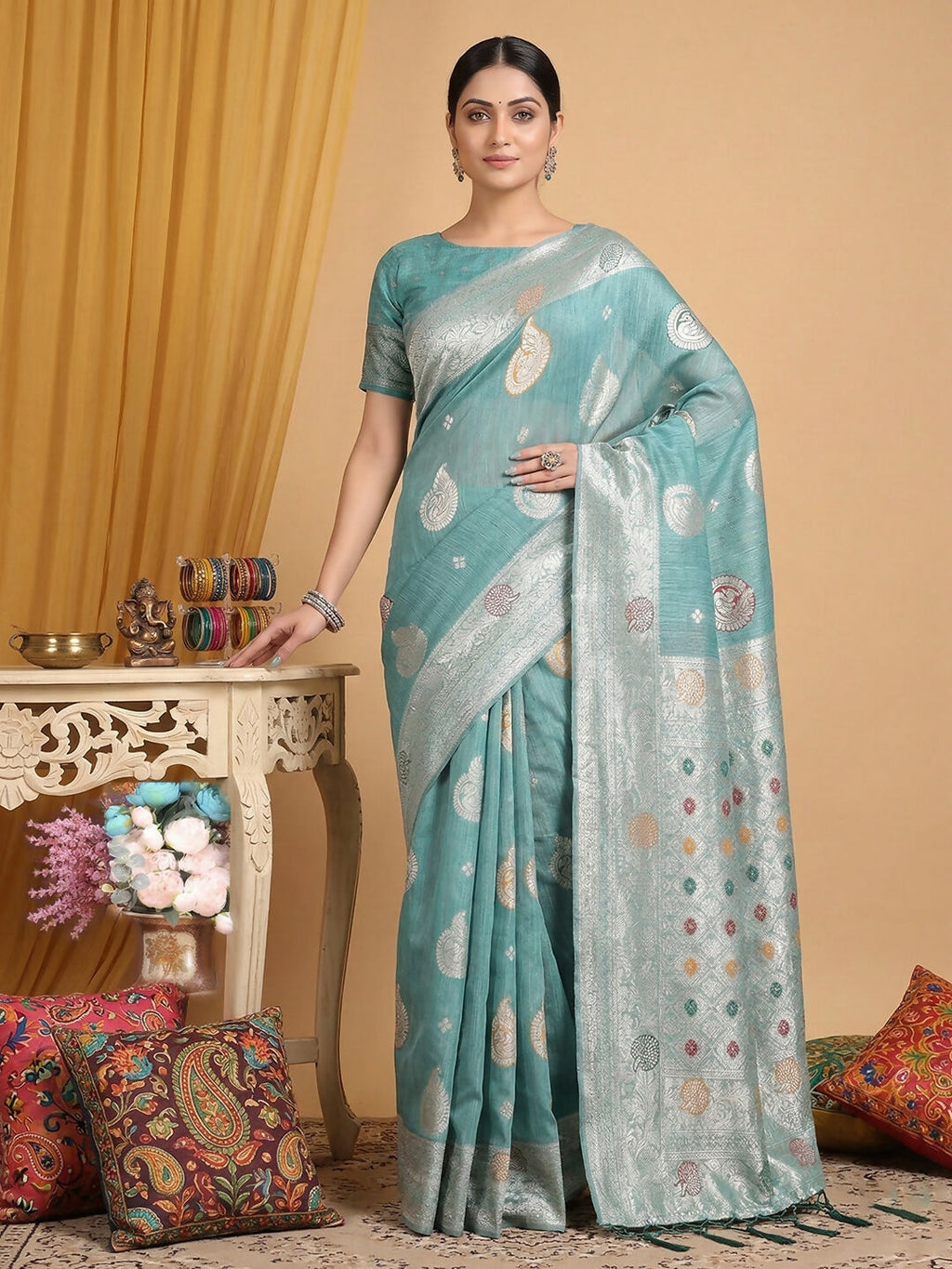 Shree Shyam Fashion Sea Green Linen Cotton Saree