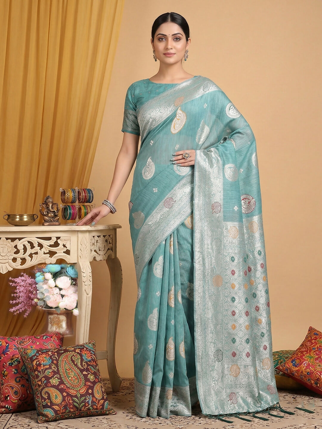 Shree Shyam Fashion Sea Green Linen Cotton Saree