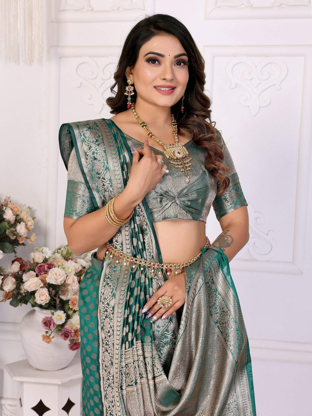 Aastha Fashion Green Organza Silk Weaving Saree