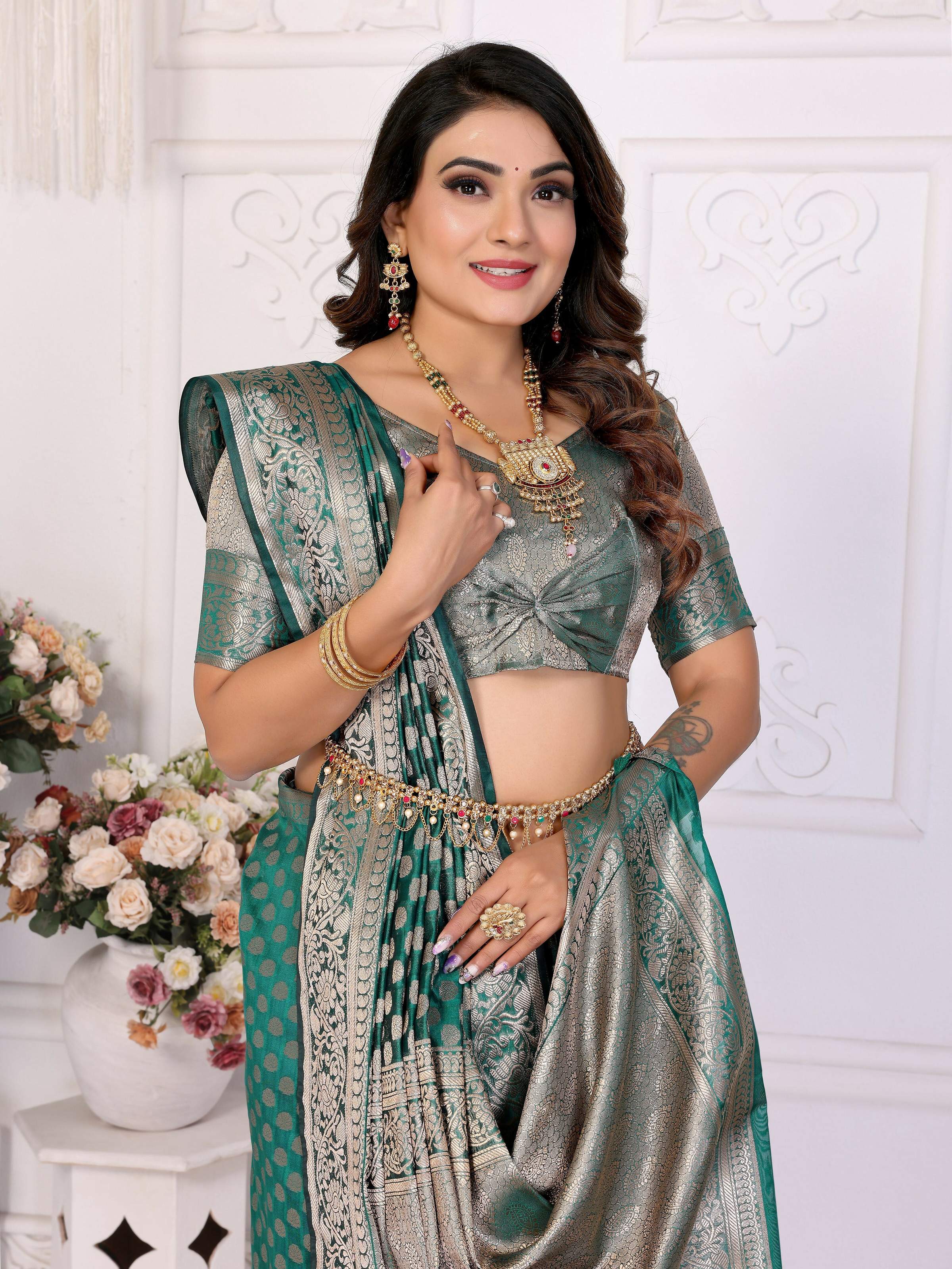 Aastha Fashion Green Organza Silk Weaving Saree