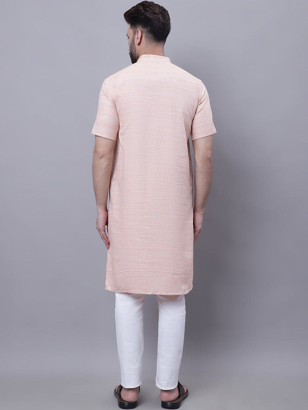 Even Apparels Peach Pure Cotton Short Sleeves Kurta With Band Collar