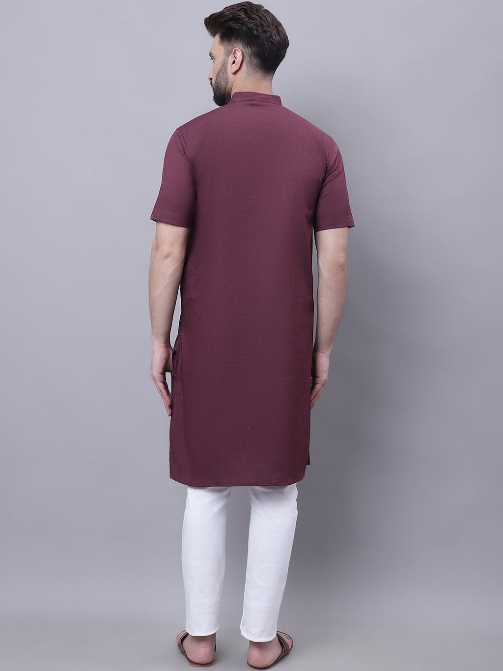 Even Apparels Wine Pure Cotton Short Sleeves Kurta With Band Collar