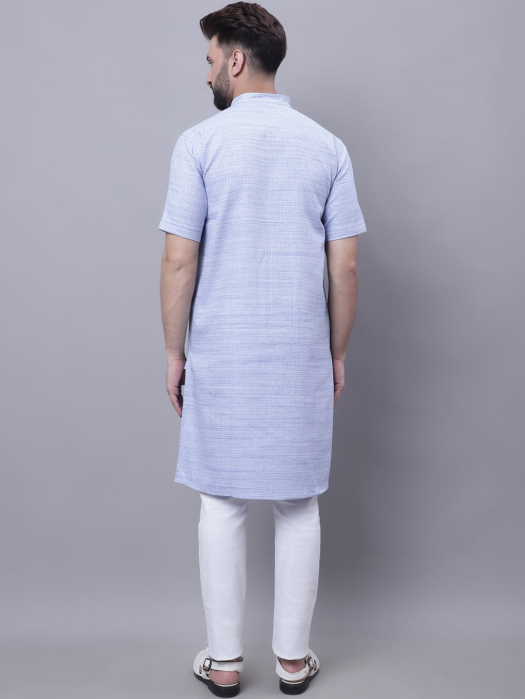 Even Apparels Blue Pure Cotton Short Sleeves Kurta With Band Collar
