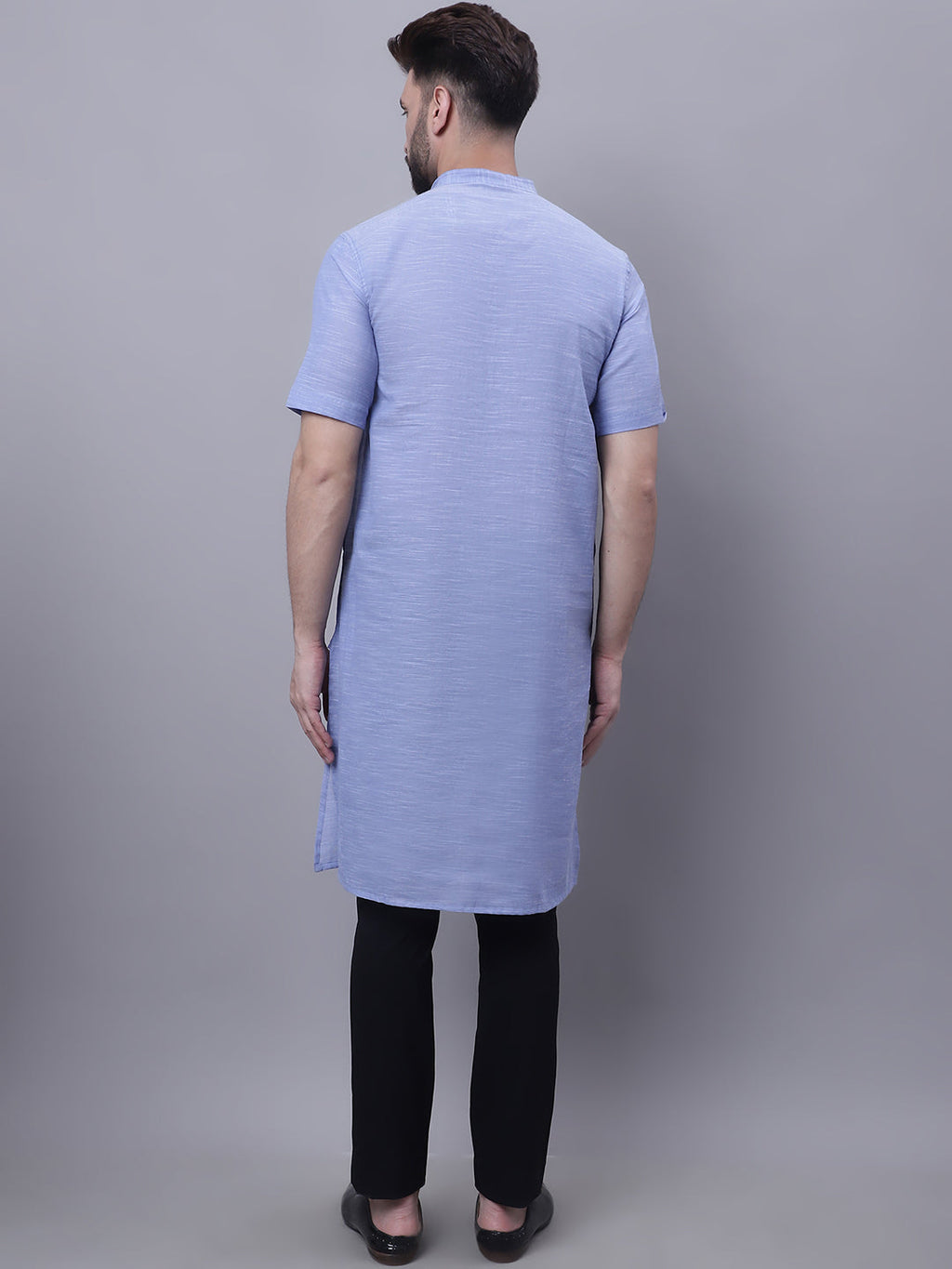 Even Apparels Blue Pure Cotton Short Sleeves Kurta With Band Collar