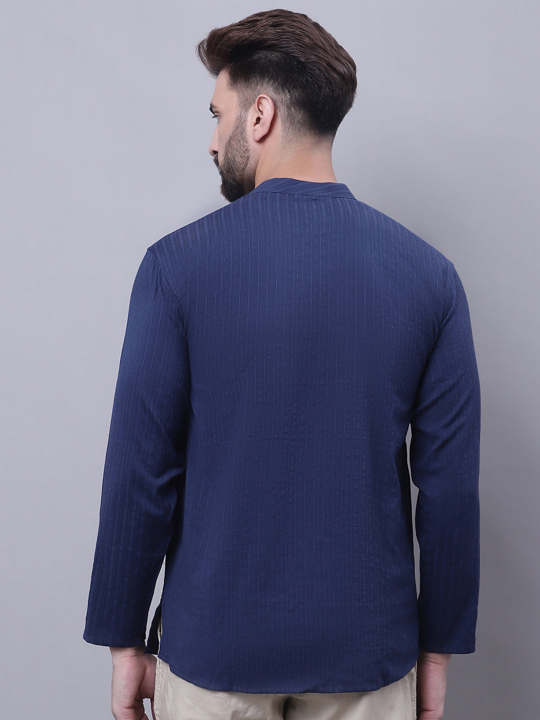 Even Apparels Blue Pure Cotton Short Kurta With Band Collar
