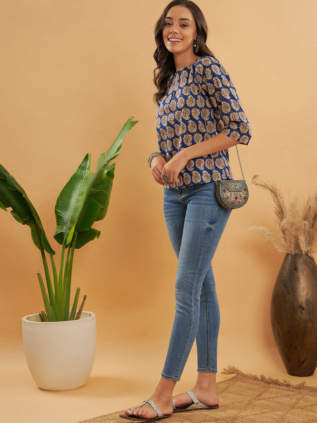 InWeave Women's Ink Blue Small Paisley Kalamkari Top