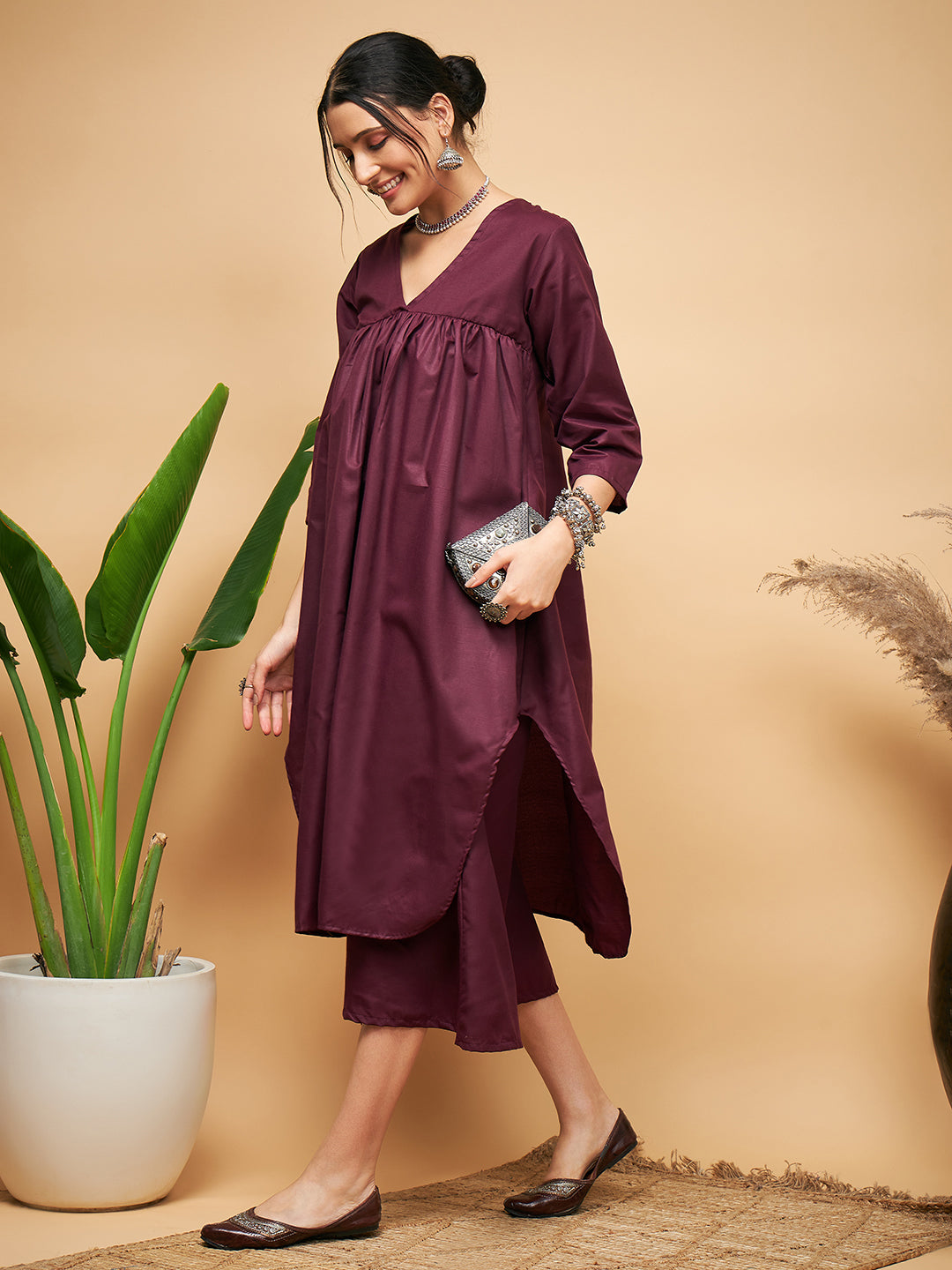 InWeave Women's Wine Solid Flared Kurta Palazzo Set