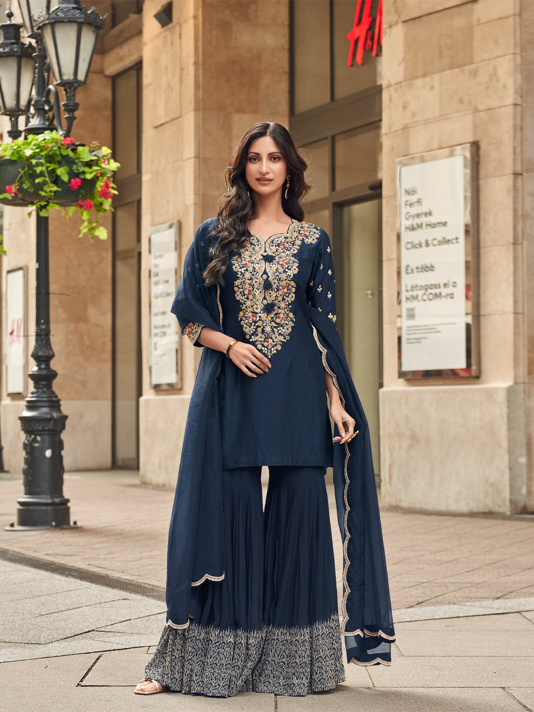 Evanik Women Navy Blue Floral Embroidered Kurta Sharara Dupatta Set