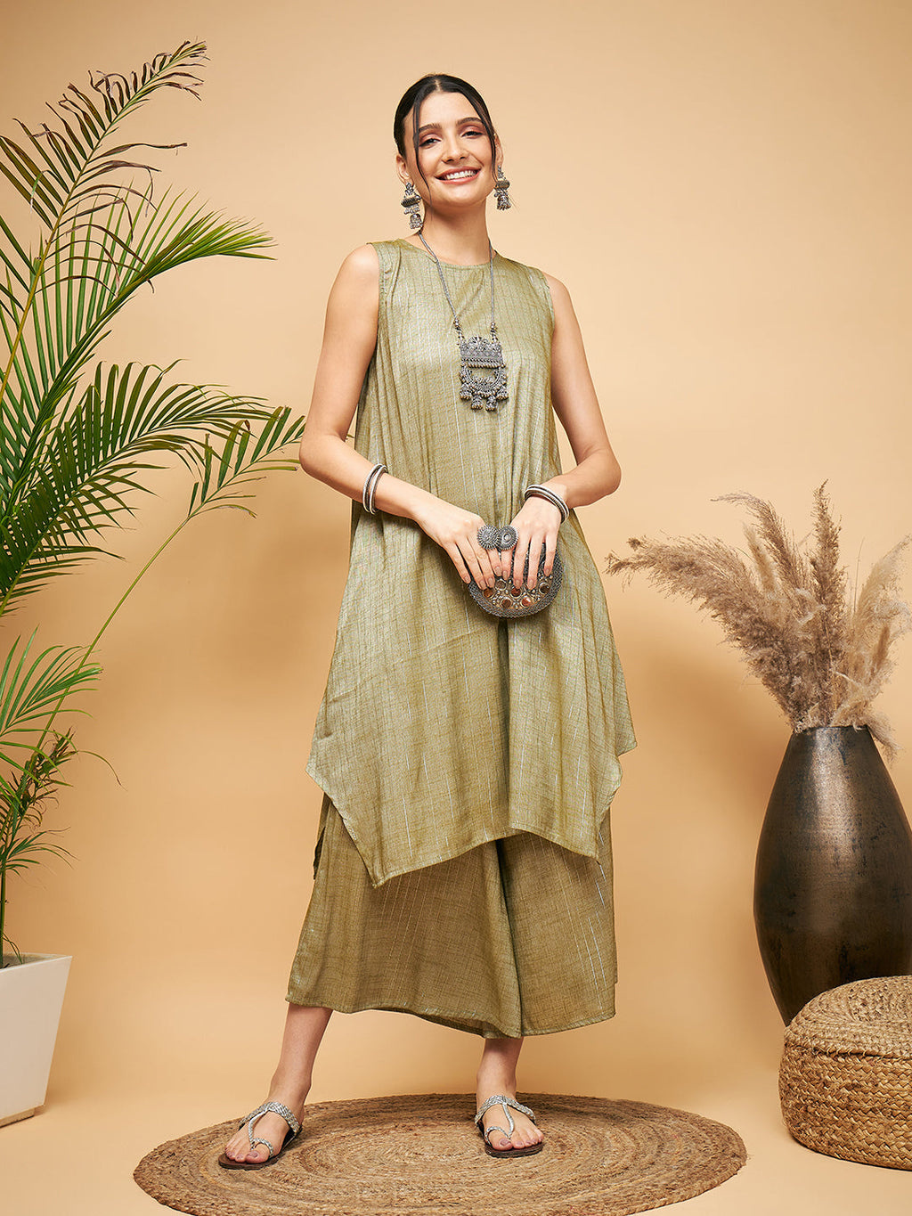 InWeave Women's Olive Lurex Short Pallazo Kurta Set
