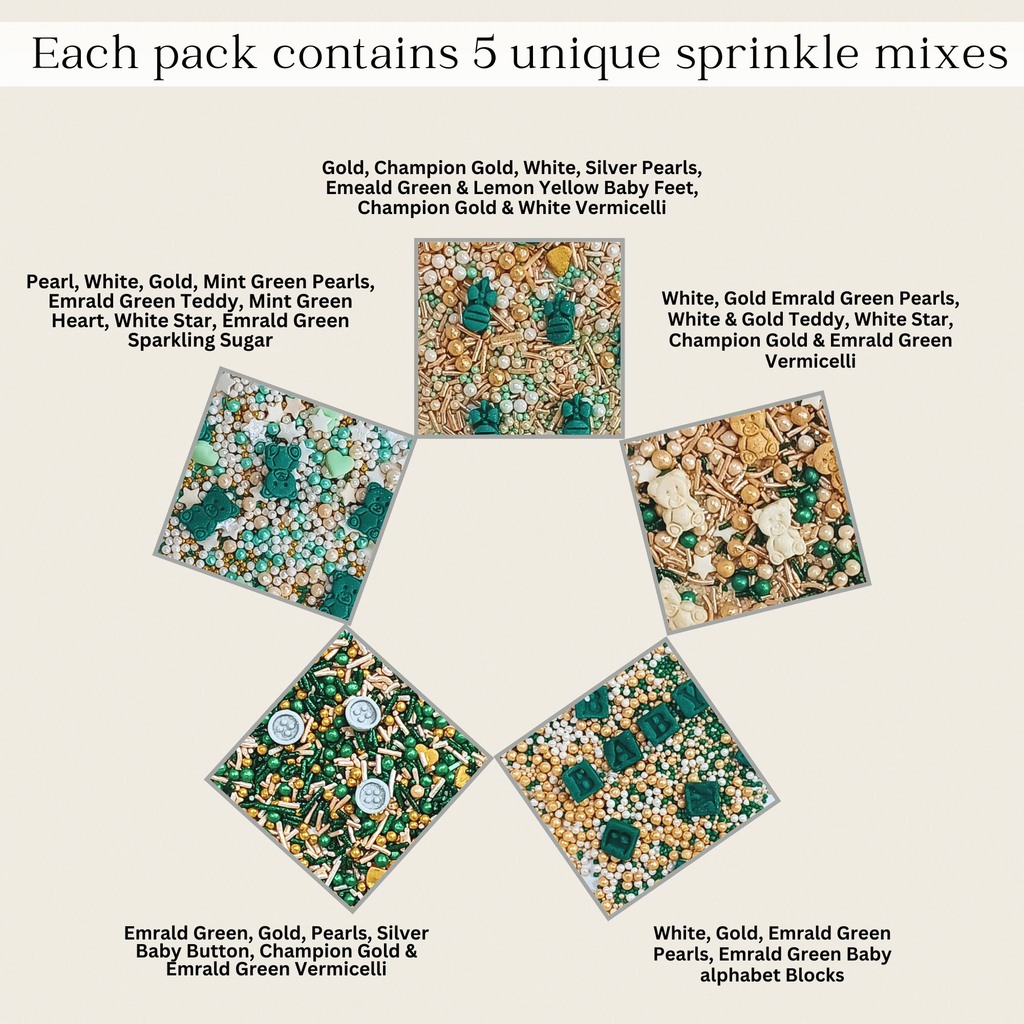 Confect Baby Shower Sprinkles | Gender Reveal Sprinkles | Gold, Silver, Mint Green & Pearl Dragees Pack of 5 (BABY SHOWER -09)