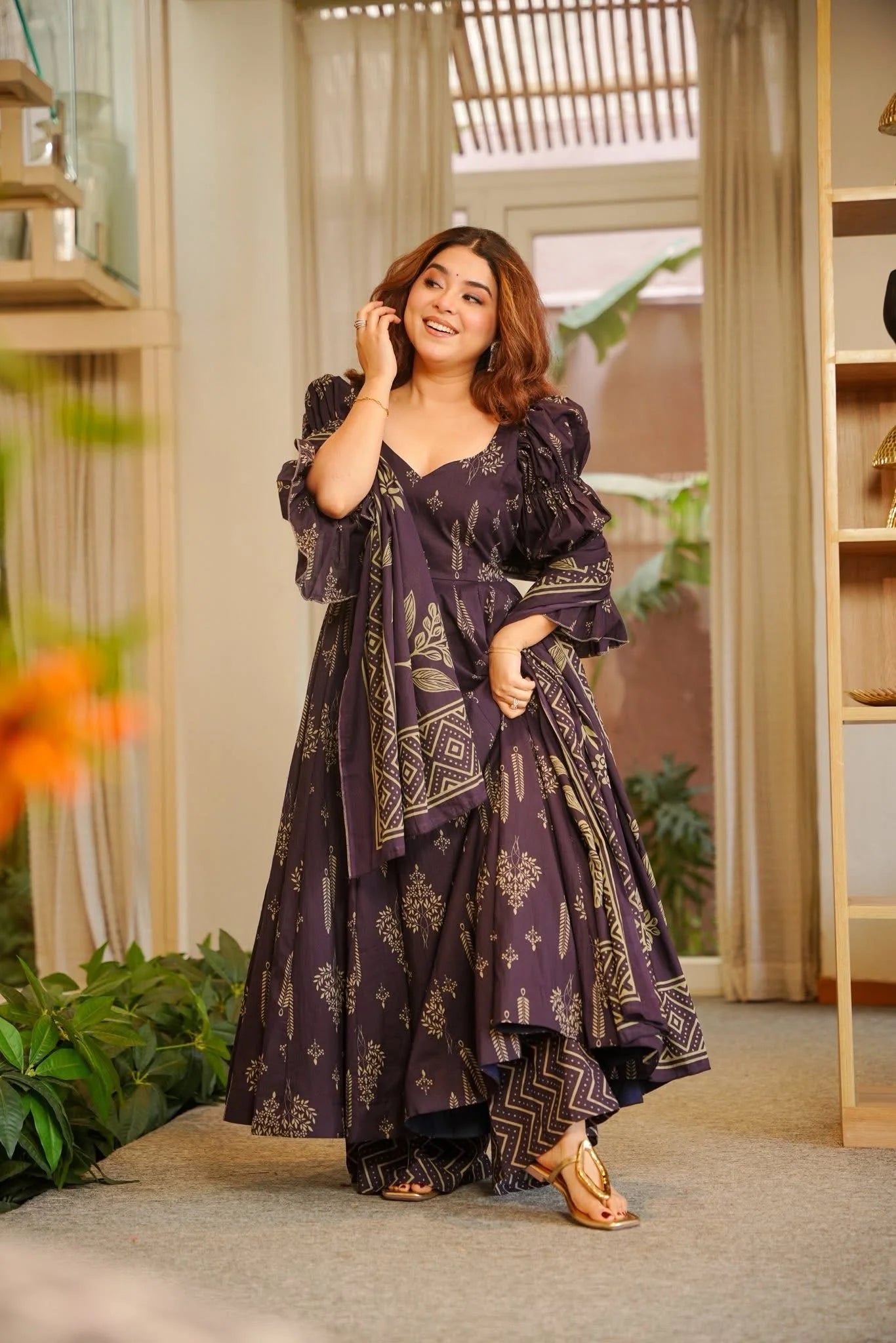 Yash Enterprise Navy Blue Digital Print Muslin Party Wear Sharara Suit Set