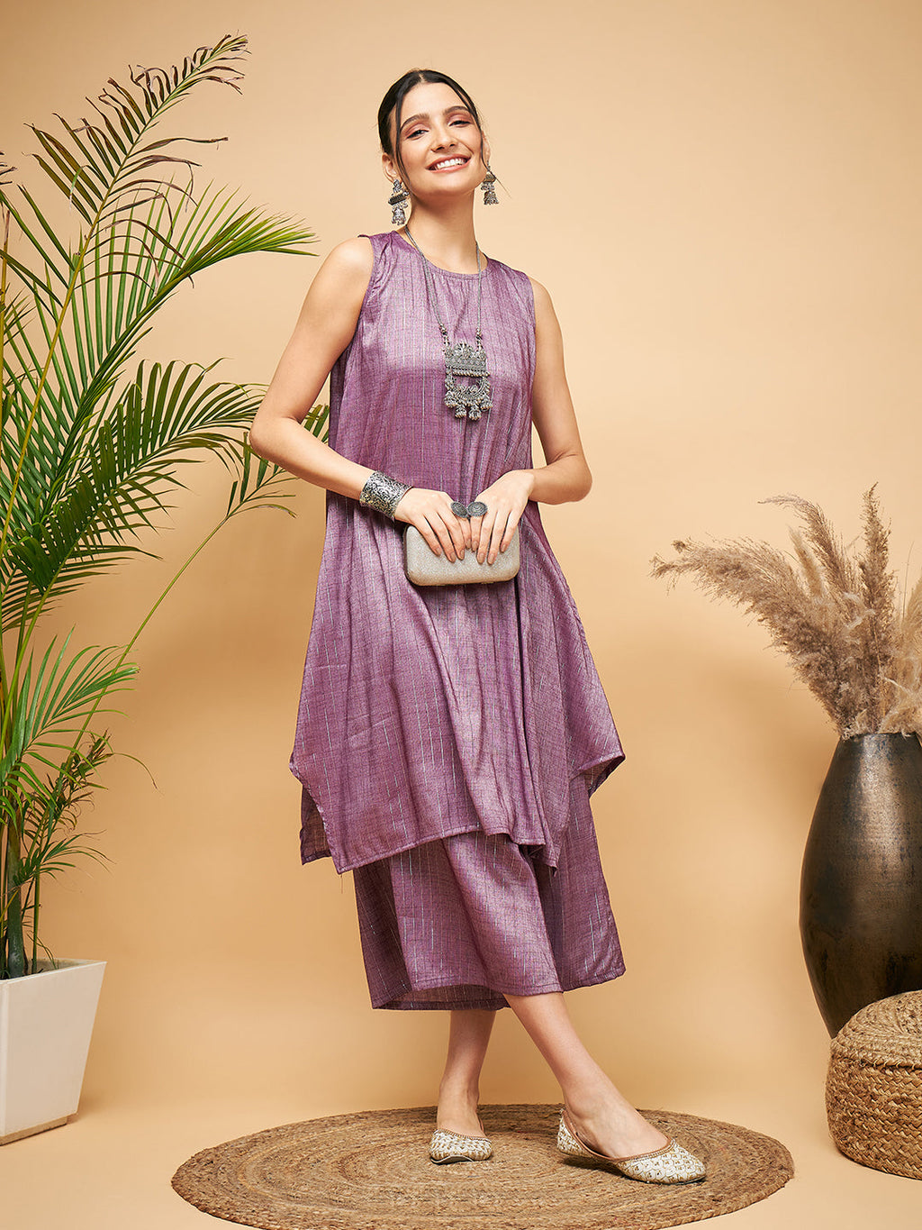 InWeave Women's Mauve Lurex Short Pallazo Kurta Set