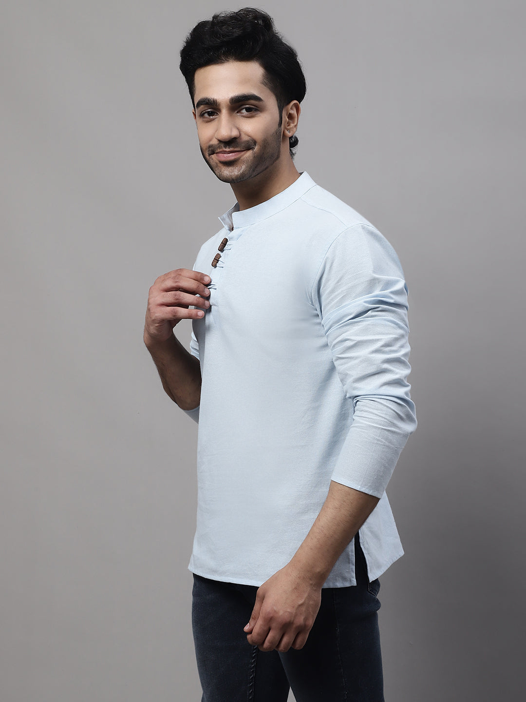 Even Apparels Blue Pure Cotton Kurta With Band Collar