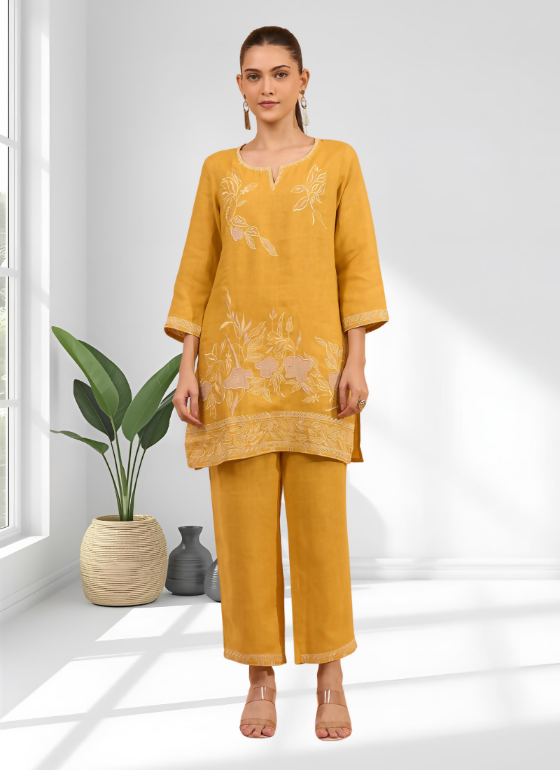 Joban Fashion Mustard Linen Embroidered Readymade Cord Set