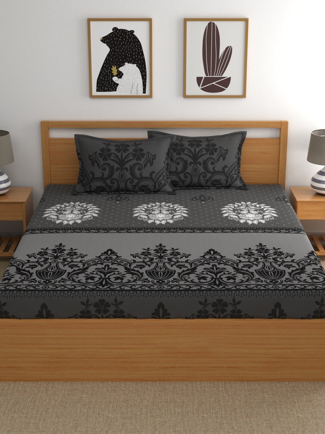 Dreamscape Grey & White Ethnic Motifs 144 TC Queen Bedsheet with 2 Pillow Covers
