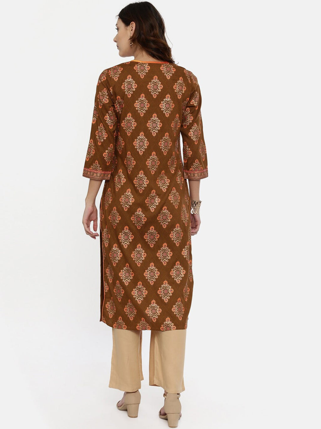 Souchii Brown & Mustard Printed Straight Kurta
