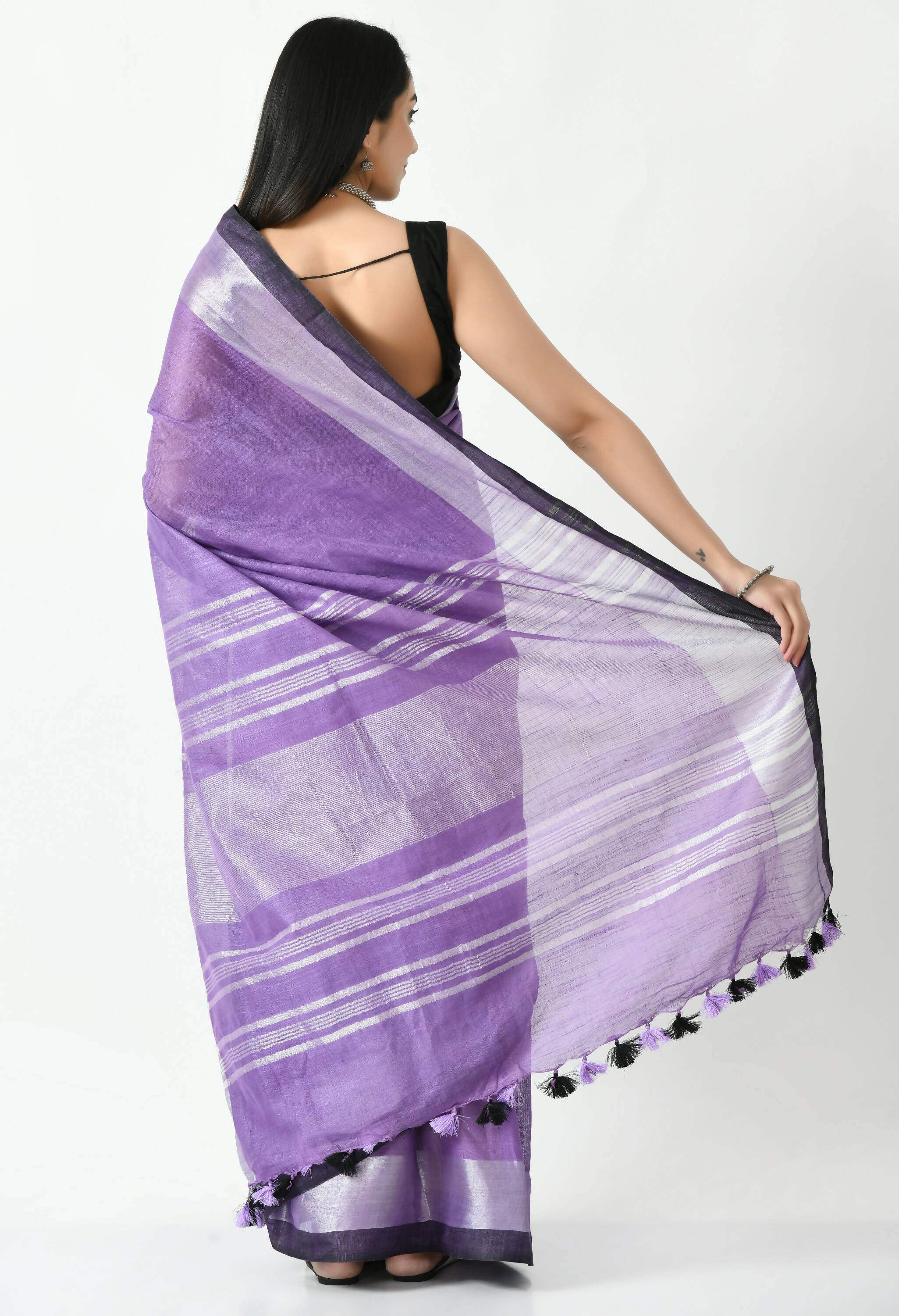 Mominos Fashion Moeza Purple & Black Bhagalpuri Handloom Silk Linen Saree with unstitched Blouse piece