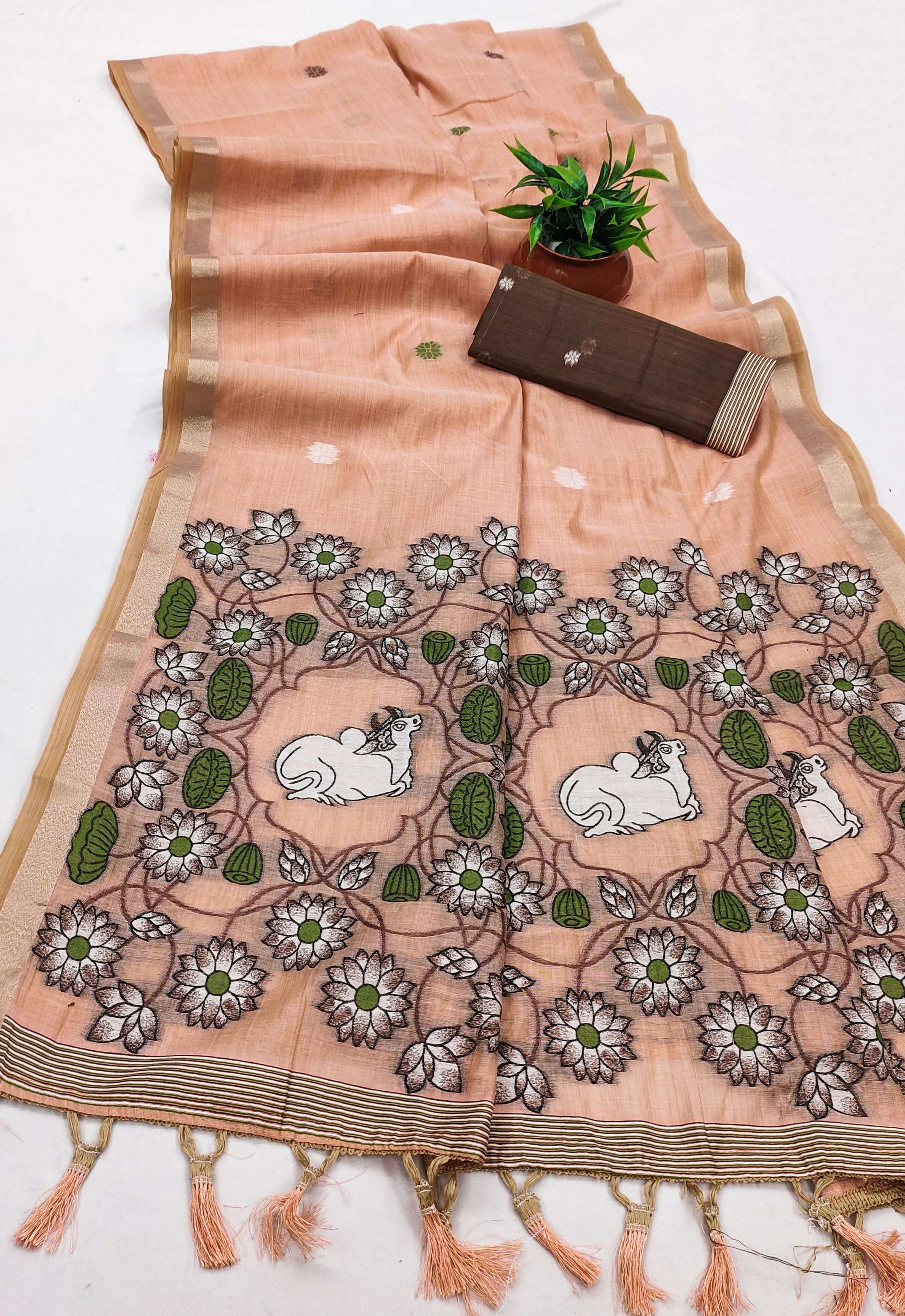 Vastranavya Peach Muga Cotton Meenakari & Azarakh Pallu Saree with Contrast Blouse