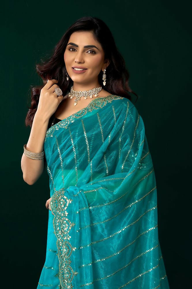 Joban Fashion Turquoise Blue Net Party Wear Sarees