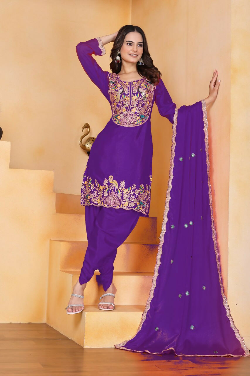 Teeya Creation Purple Color Chinon Silk Party Wear Punjabi Dhoti Suit