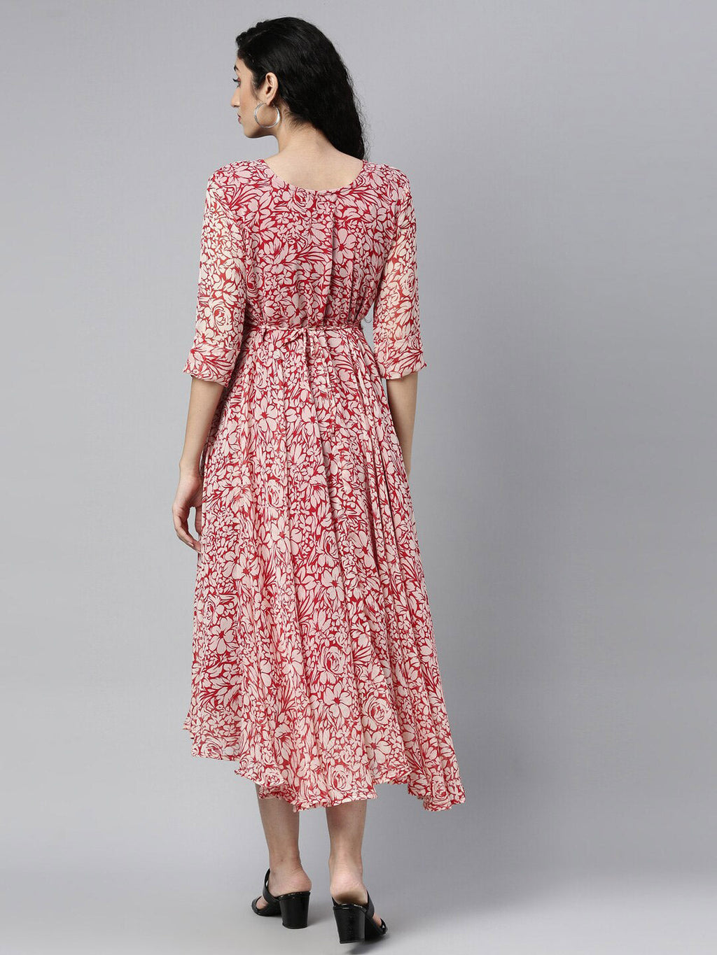 Souchii White & Red Floral Layered Chiffon Beautiful Midi Dress