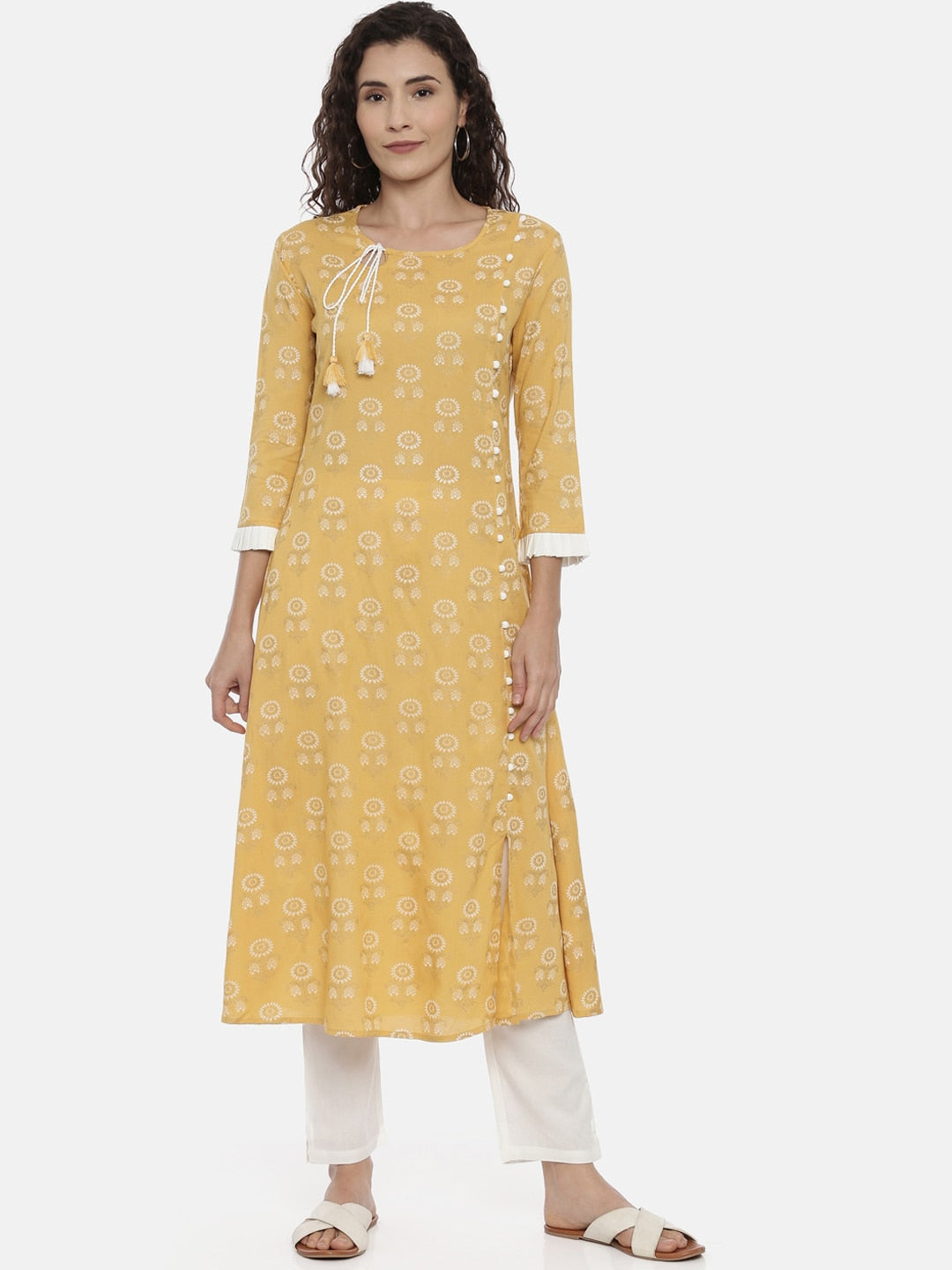 Souchii Mustard Yellow & Off-White Printed Kurta with Trousers