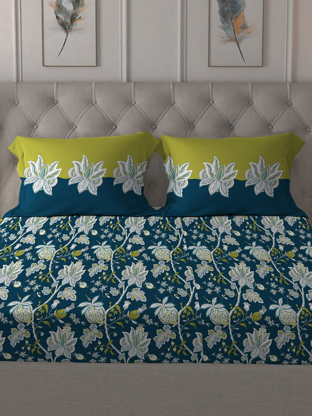 MYTRIDENT Blue White Floral Cotton 144 TC Queen Bedsheet With 2 Pillow Covers