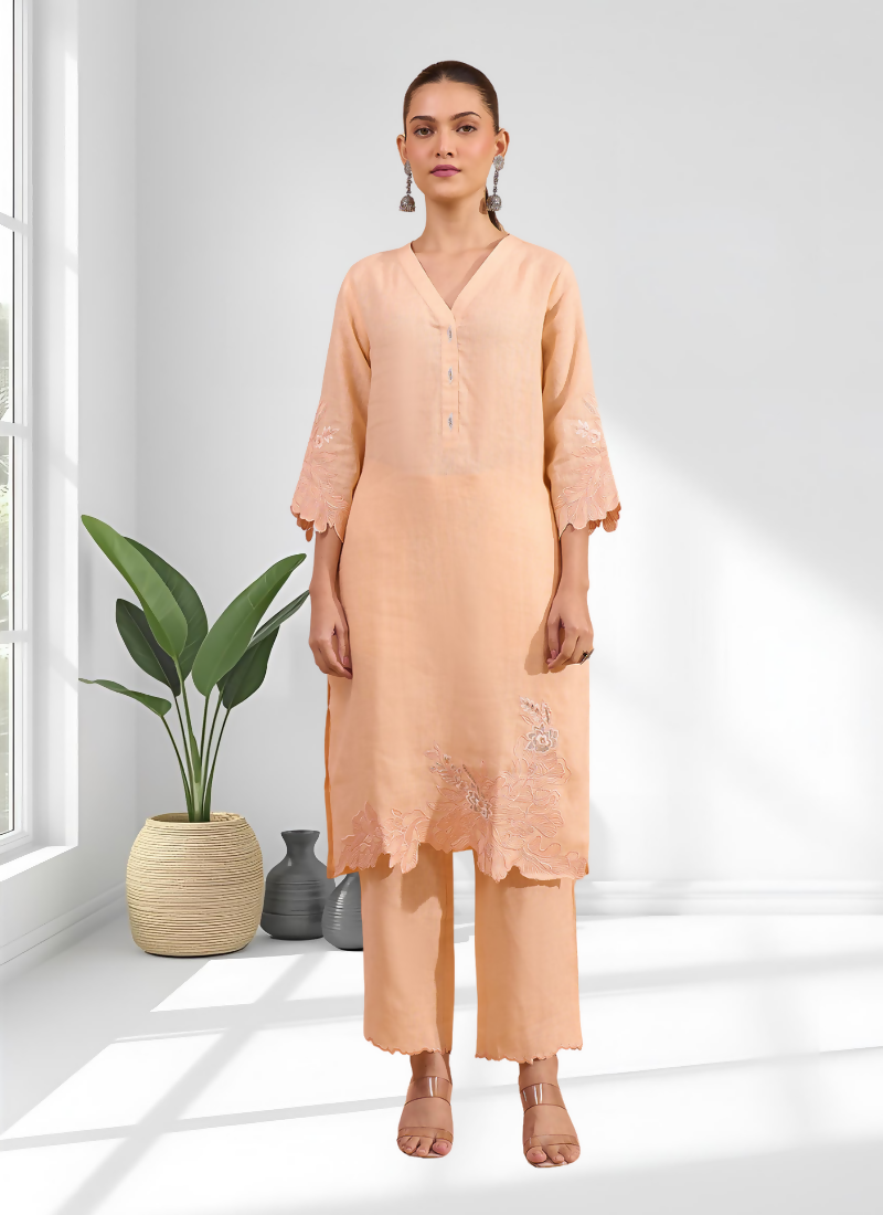Joban Fashion Coral Linen Embroidered Readymade Long Kurta With Pant