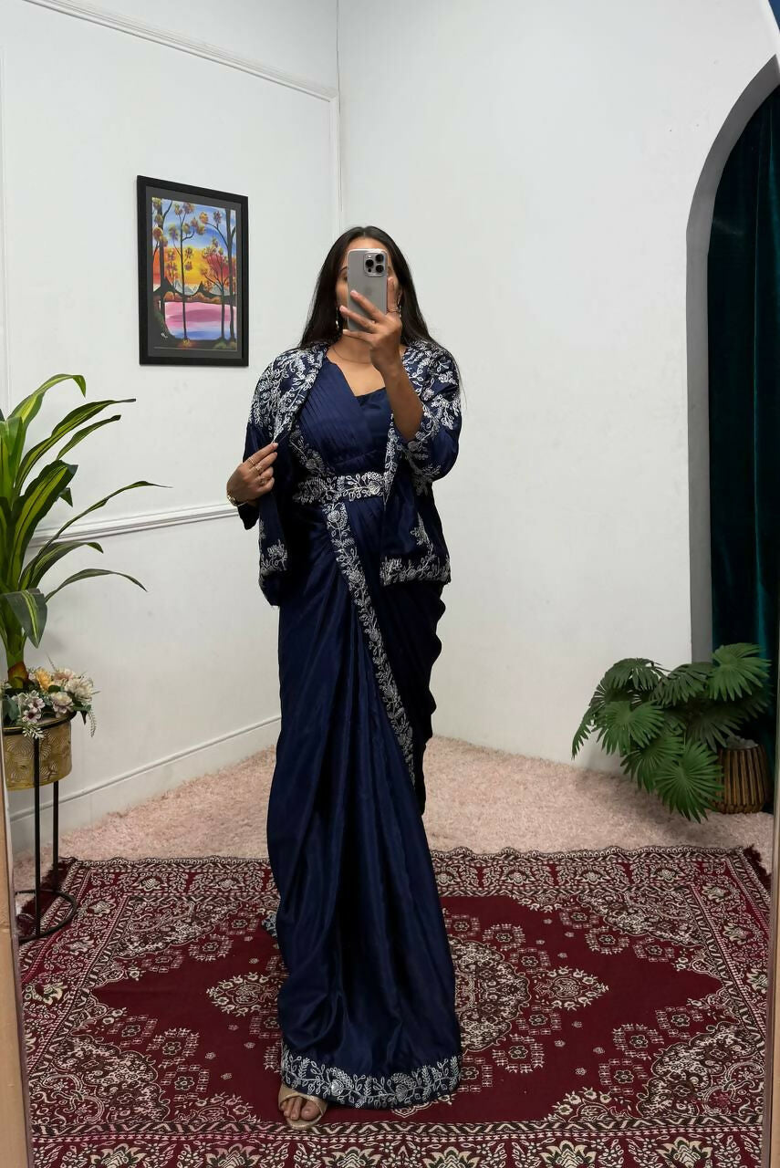Teeya Creation Blue Color Chinon Silk Wedding Wear Ready To Wear Saree With Koti