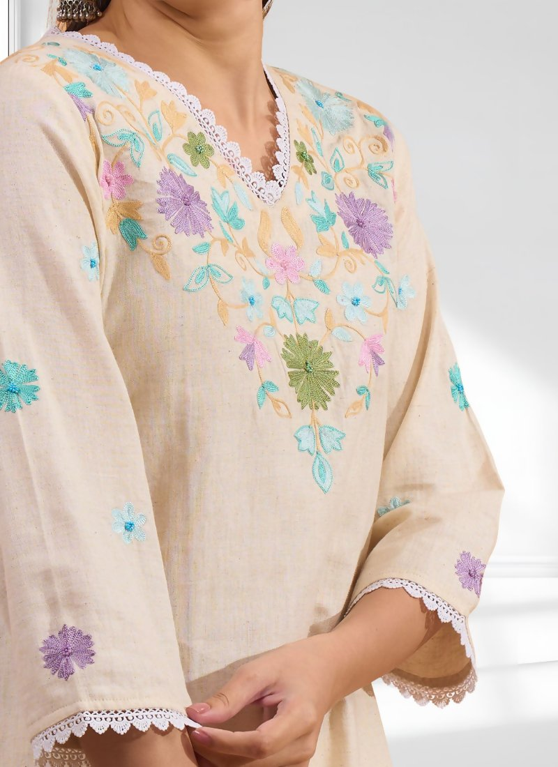 Joban Fashion Cream Linen Embroidered Readymade Cord Set